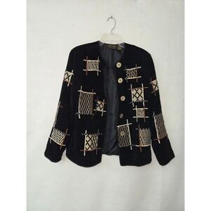 Julia Kin Embroidered Patch Jacket Women Small Black Chenille Rayon Art to Wear